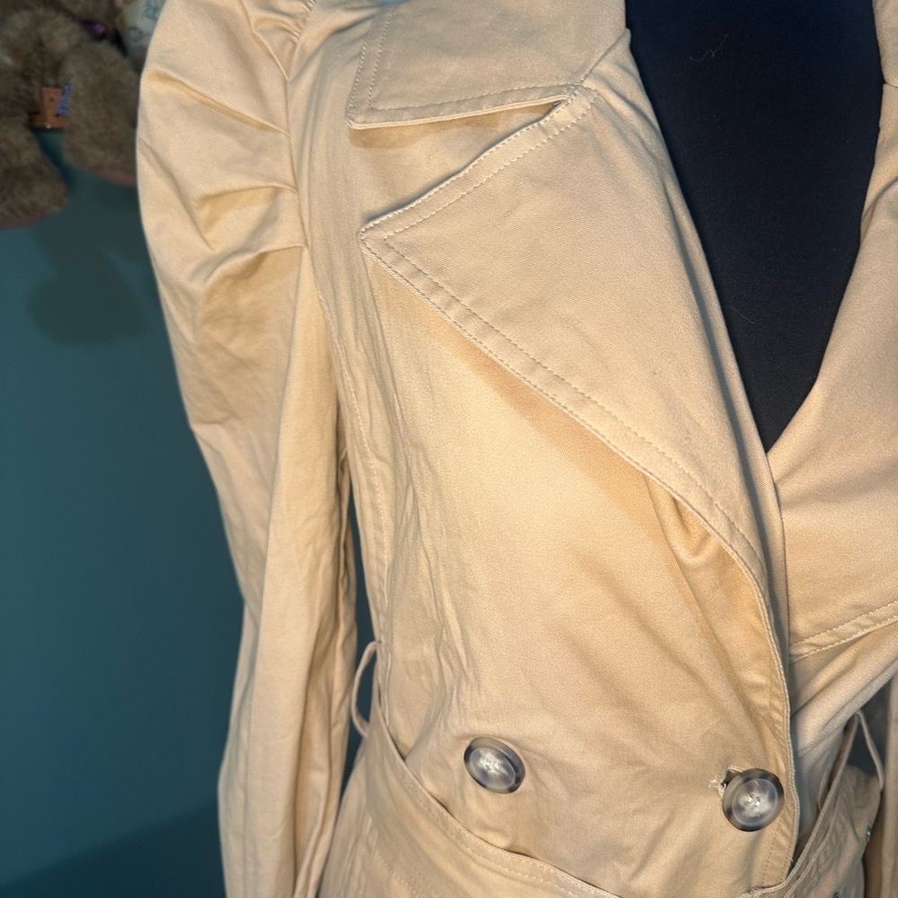 Avec Les Filles Belted Cotton Trench Coat XS Beige Puff Sleeve Double Breasted - Picture 8 of 8